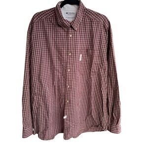 Columbia Sportswear Mens XL Plaid Button Down Shirt Burgundy Cotton Long Sleeve